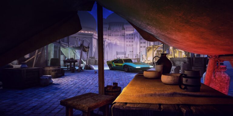 a room with a table and a car in the background